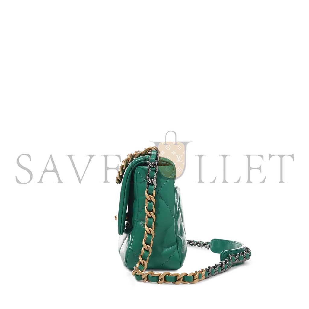 CHANEL GREEN QUILTED LAMBSKIN CHANEL 19 FLAP GOLD AND RUTHENIUM HARDWARE AS1160 (26*16*9cm)